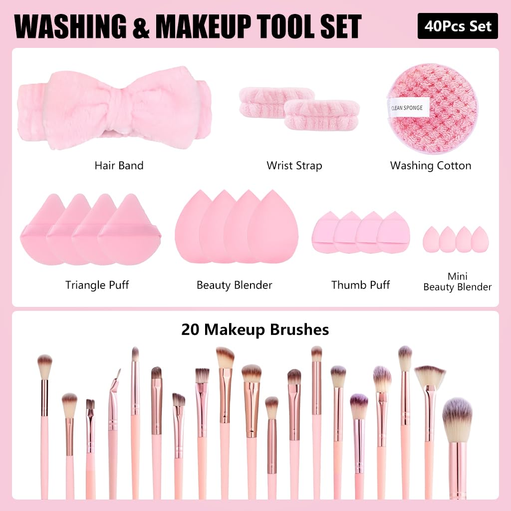 MAYCREATE Makeup Brushes Set for Daily Beauty Routine with 40 Pieces in Stylish Pink | Includes Sponges Headband and Face Pads