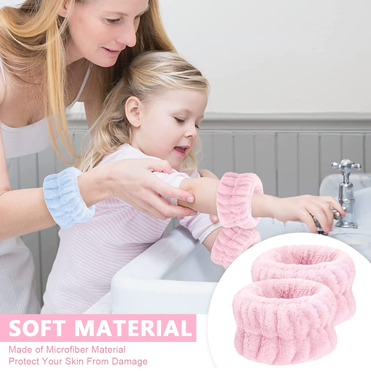 MAYCREATE 2 Pairs Wrist Spa Washband Microfiber Wrist Wash Towel Band Wristband for Washing Face Absorbent Wrist Sweatband for Women Girls, Prevent Liquid from Spilling (Blue+Pink)
