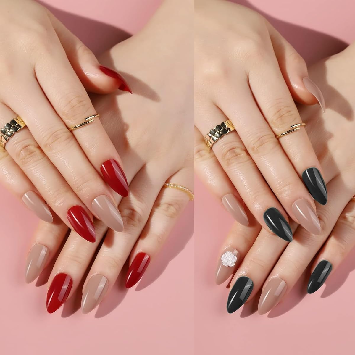 MAYCREATE 12 Colors Press on Nails Almond, Press on Nails Glossy Stiletto Oval Colored Fake Nail Tips Full Cover Artificial Fingernails (Not include Glue)