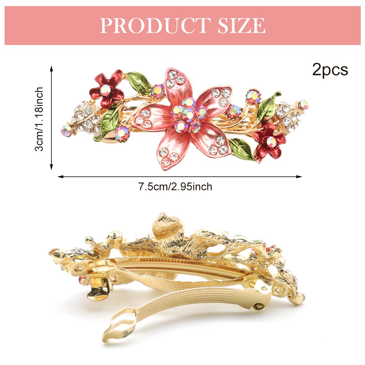 MAYCREATE Floral Hair Clips for Women with Rhinestone Embellishment 5 in Metal Barrettes | Set of 2