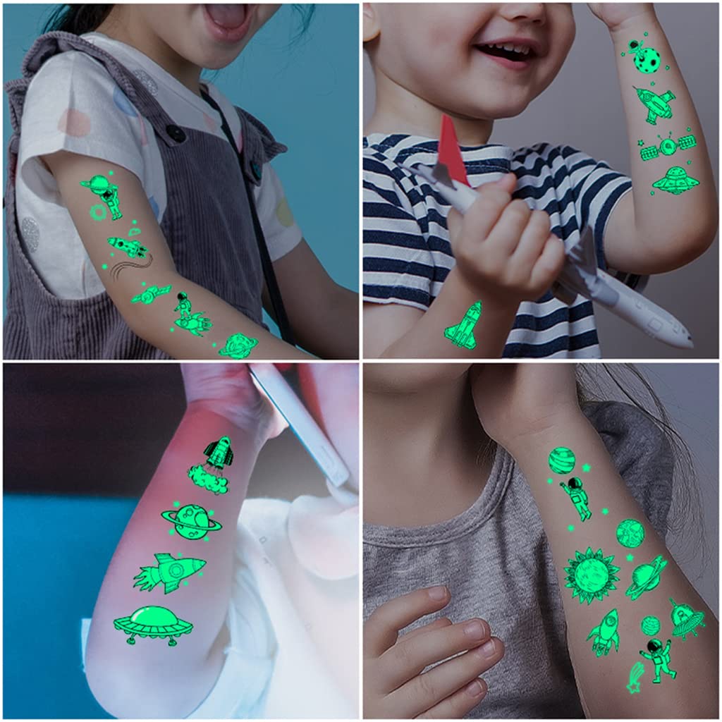 MAYCREATE Kids Tattoo Stickers for Birthday Parties featuring 10 Sheets 110x75mm Night Glow Designs