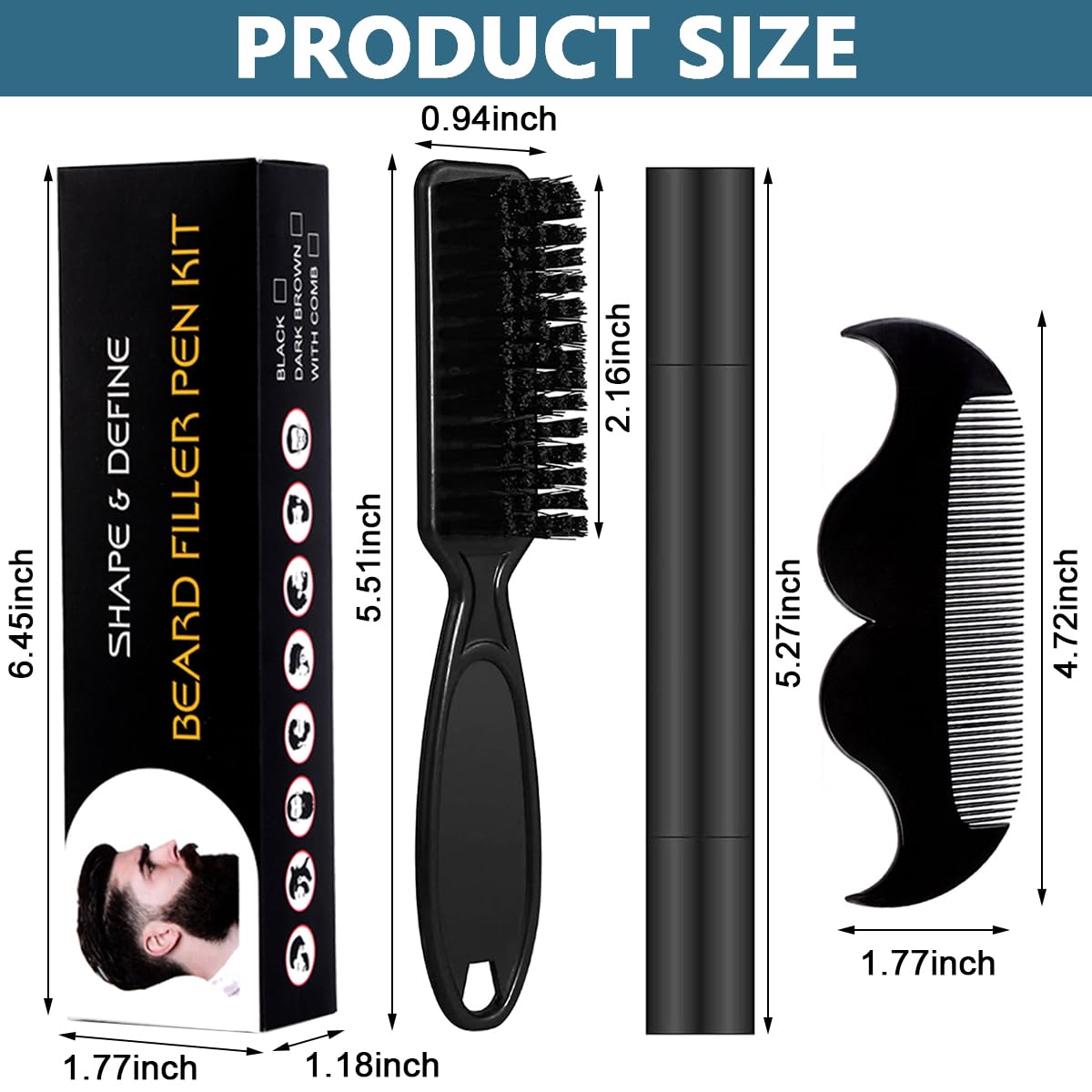 MAYCREATE Barber Beard Pencil Filler for Men Dual Tip 2 in 1 Beard Pencil with Comb & Brush for Beard Styling, Sweat Proof Beard Pencil Filler Mustache Kit for Men Beard, Mustache, Eyebrows (dark)