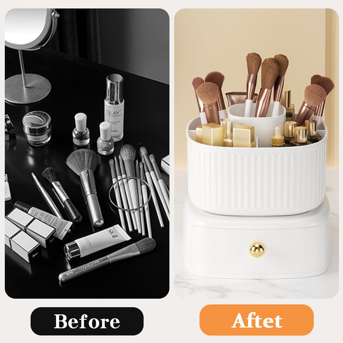 MAYCREATE Makeup Organizer Box Stand, 360° Rotating Makeup Brush Holder with Drawer, Ivory Cosmetics Display Case Skincare Storage for Vanity Desktop, Bathroom