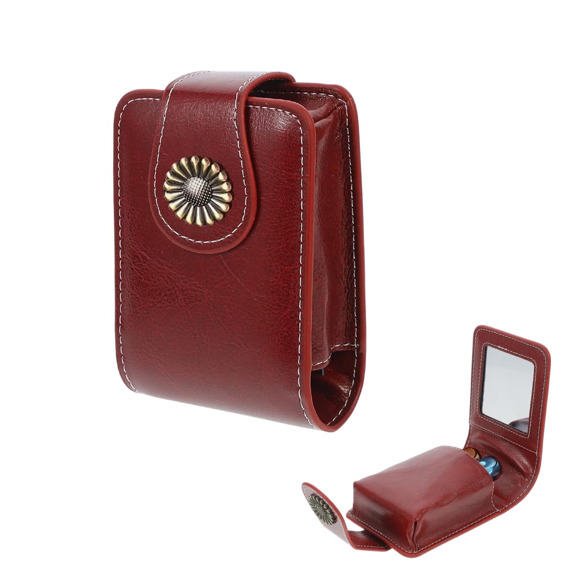 MAYCREATE® Lipstick Holder Travel Organizer Pouch, Retro Burgundy Red PU Storage Pouch with Mirror, Small Portable Lipstick Bag for Touch Up On-The-go, Snap Button Closure