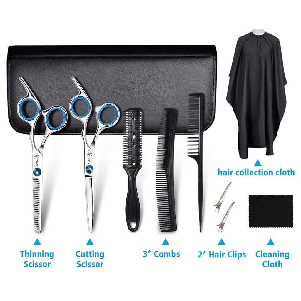 MAYCREATE Professional Hair Cutting Barber Scissors Kit - 6.7 Inch Hairdressing Scissors with 3 Combs, Haircut Cloak and Hair Clips Hairdresser for Men and Women ( 9Pcs)