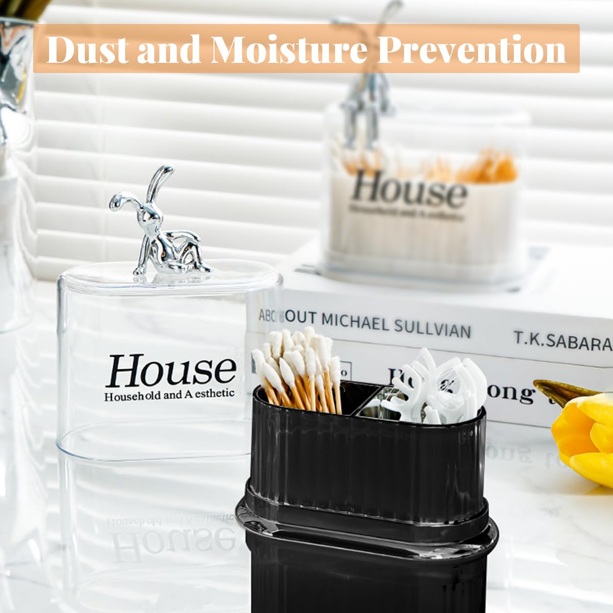 MAYCREATE Cotton Swab Holder for Desk or Bathroom with 2 Compartments and Lid | White PP Storage Box 5.7 x 5 x 3.2 in