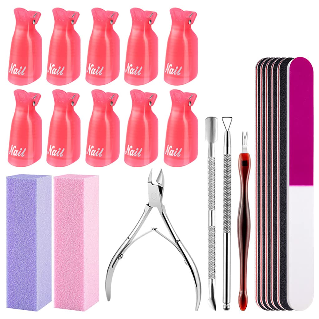 MAYCREATE Gel Nail Polish Remover Kit with Nail Clips, Cuticle Pusher and Cutter, Nail Files and Nail Buffer Tools Set for Home/Salon Nail Art Remover Supplies Nail Care Kit