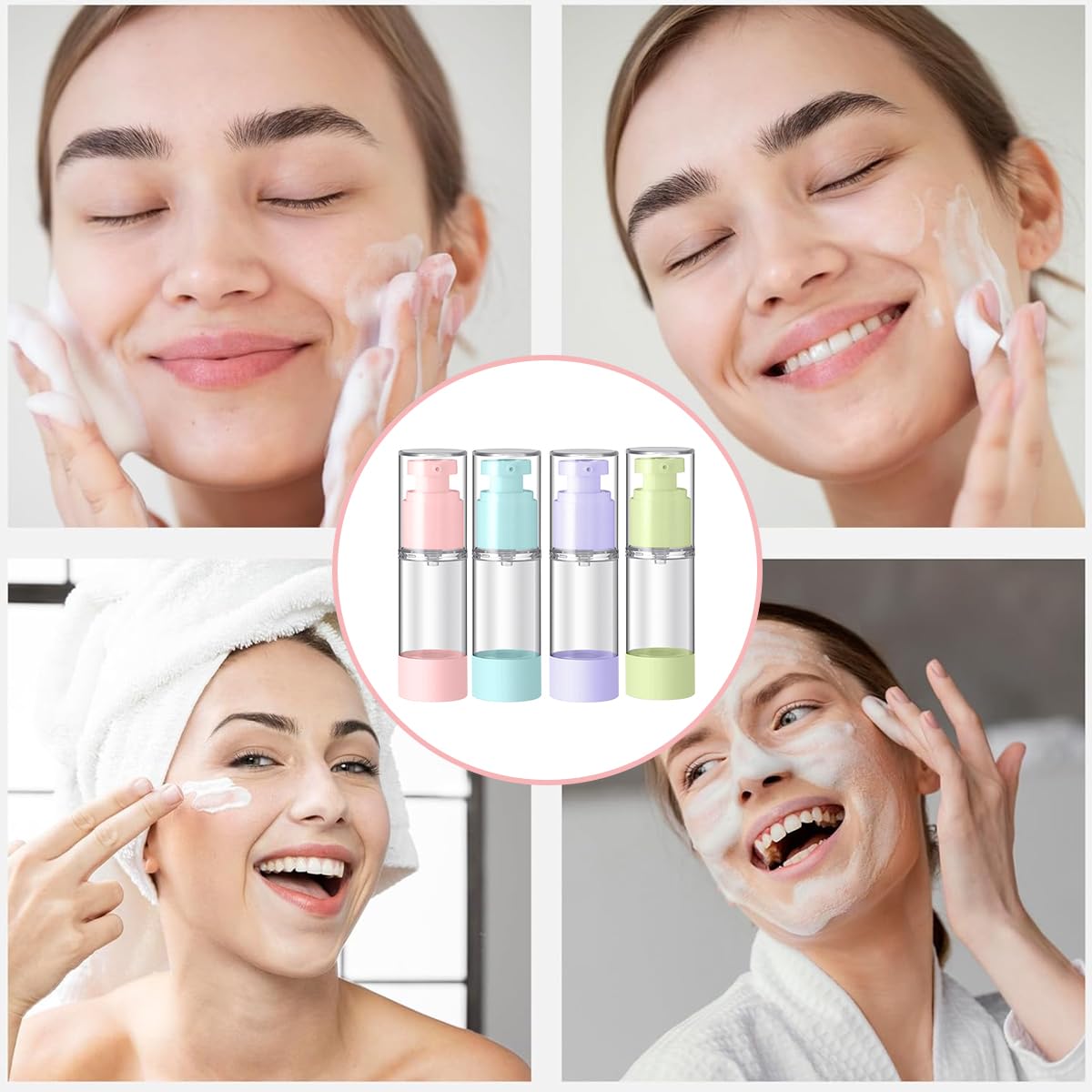 MAYCREATE Airless Pump Bottles for Travel Toiletries with 30ml Capacity and Leak-Proof Lids | Featuring Color Squeeze Nozzle Design