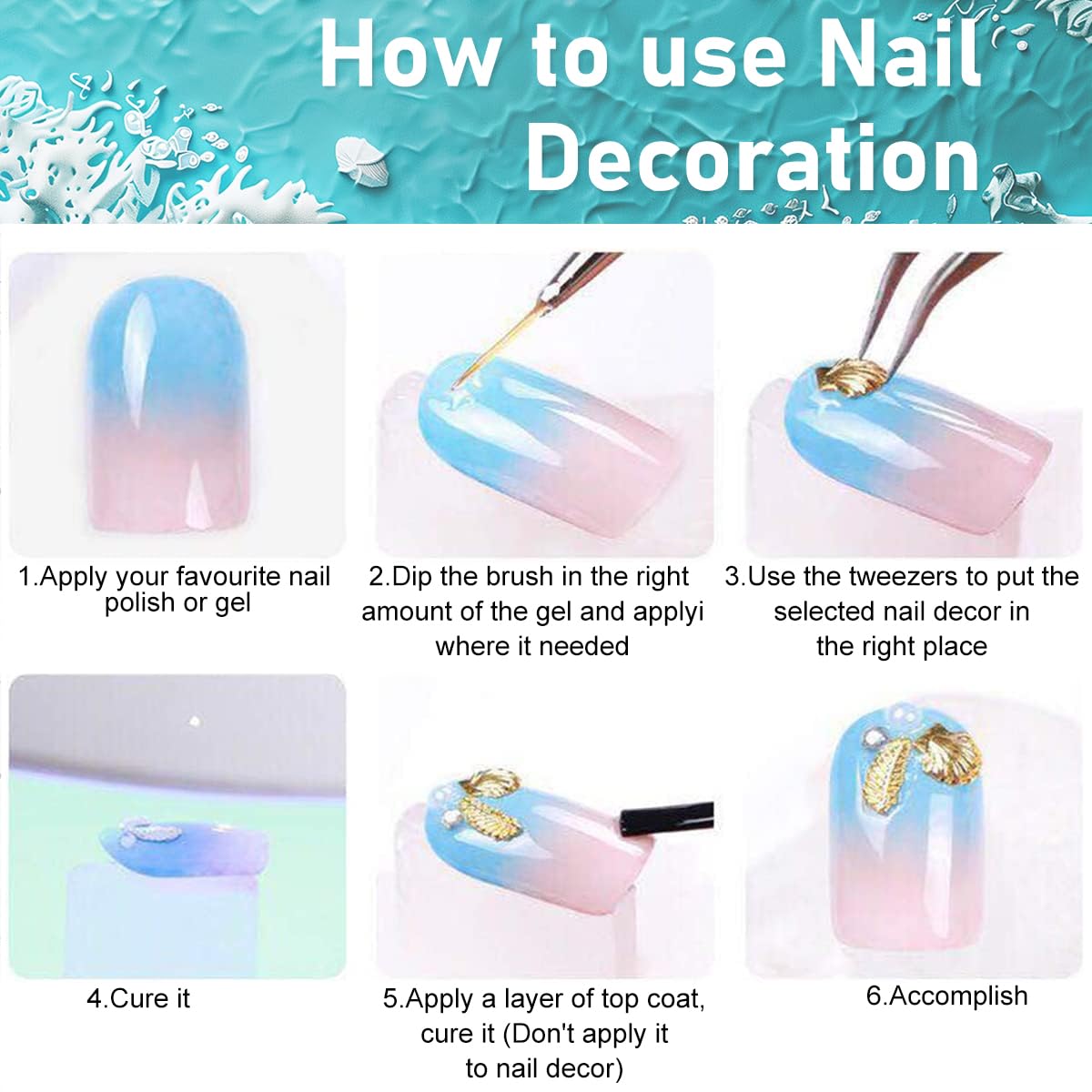 MAYCREATE® DIY Nail Decals Ocean Themed Nail Art Charms Pearl Seashell Starfish Nail Art Decals Assorted 12 Designs Non-adhesive DIY Nail Art Charms Nail Decals DIY Craft Nail Art Supplies