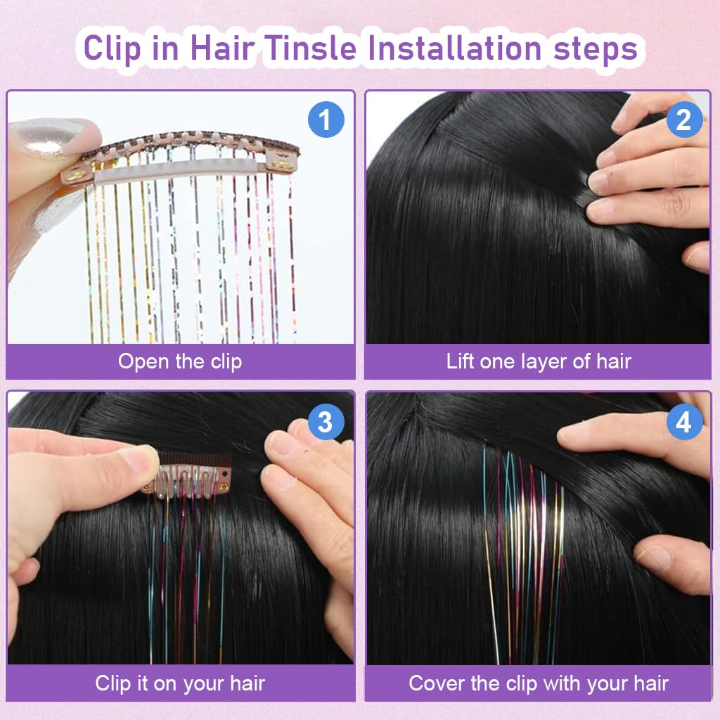 MAYCREATE Hair Tinsel Hair Extensions for Party and Daily Wear featuring Clip-in Design 6pcs 20.5in | Colorful Glitter Strands for Women and Girls