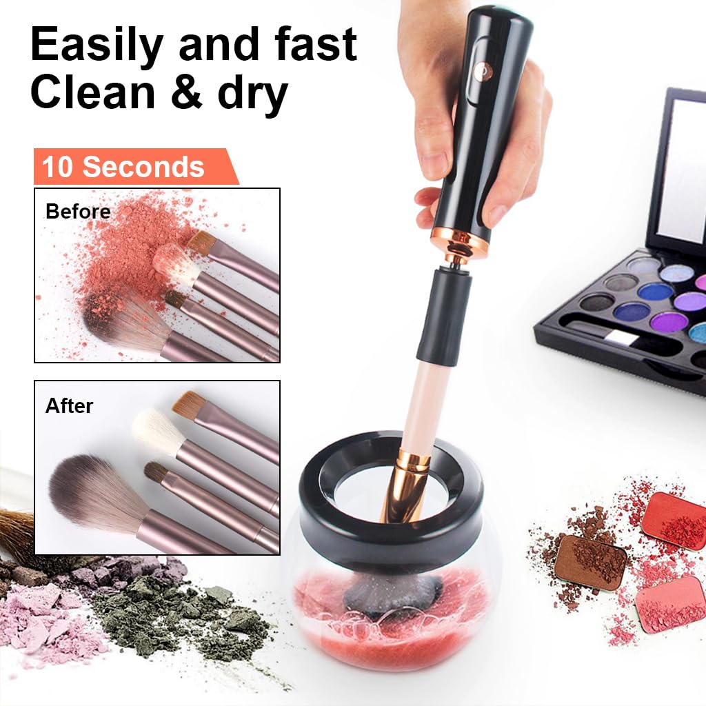 MAYCREATE Electric Makeup Brush Cleaner and Dryer Machine, 2-in-1 Automatic Cosmetic Brush Cleaning & Drying Tool Spinner, with 8 Size Rubber Collars for All Size Brushes, Wash and Dry in Seconds