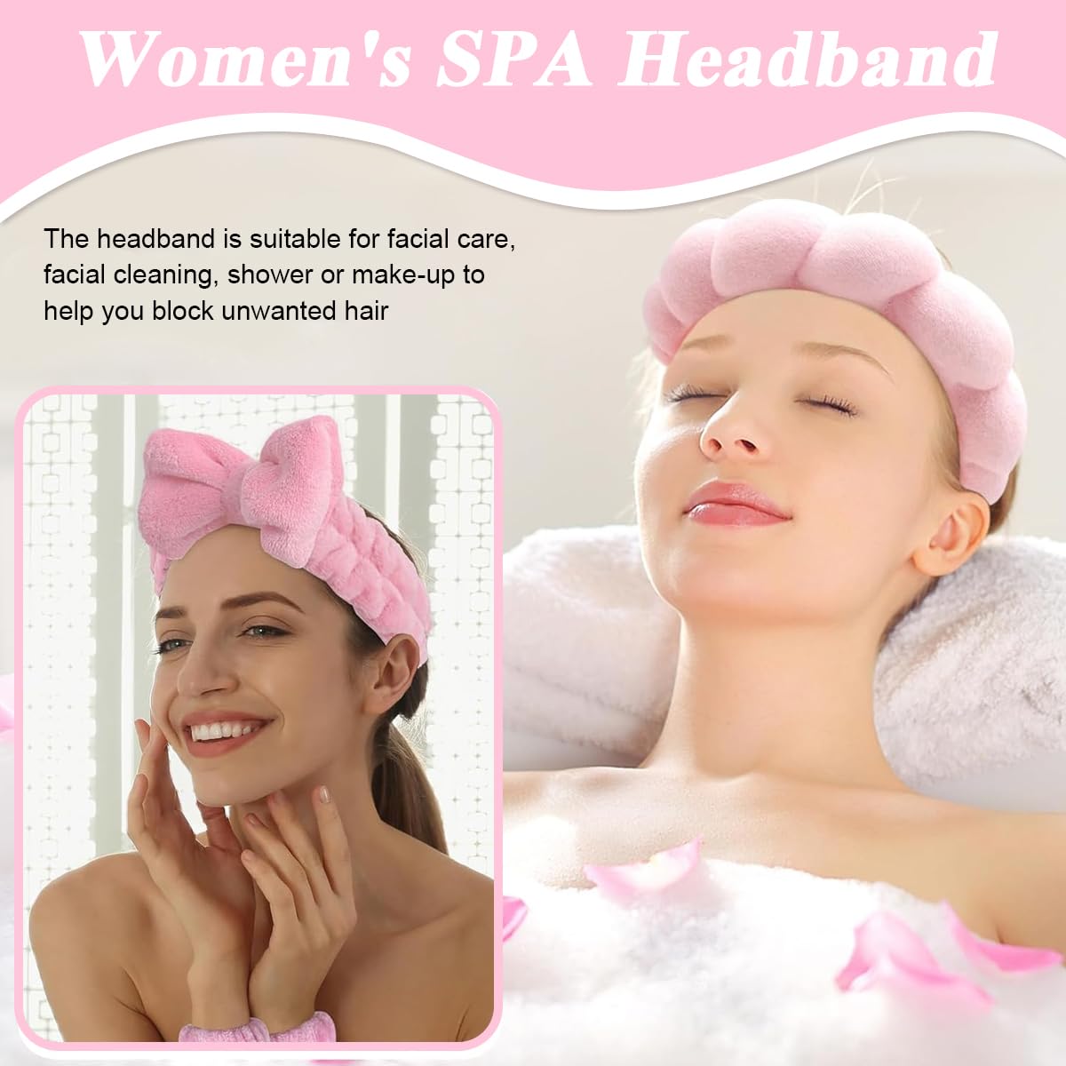 MAYCREATE Face Wash Headband Set for Skincare with Flannel Wristbands and Sunflower Edge | Pink 4Pcs Combo for Women