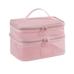 MAYCREATE Makeup Pouch Bag for Travel with Double Layer Organizer Design and Pink Nylon Mesh