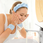 MAYCREATE Spa Headband Wristband Set for Face Washing with Sunflower Edge Design | Soft Blue Coral Fleece for Women and Girls