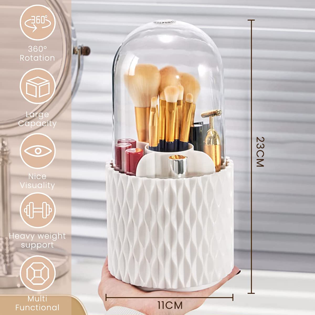 MAYCREATE Makeup Brush Holder Organizer with Lid, 360° Rotatable 4-Grid Cosmetic Makeup Brushes Storage Case Stand for Vanity or Bathroom - Dustproof & Waterproof, White