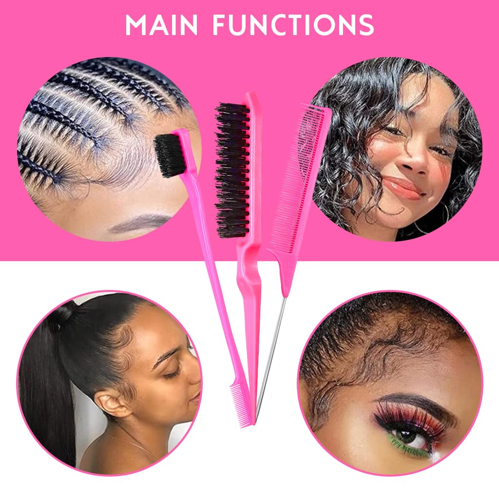 MAYCREATE Hair Brush for Women Edge Brush Set of 14Pcs, Hair Styling Comb Tools Set with Rat-Tail Comb, Slick Back Hair Brushes, Hair Threader, Hair Clips & Colorful Rubber Bands