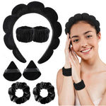 MAYCREATE Facial Headband for Women Skincare Headband and Wrist Band 7Pcs Set for Face Wash, Puffy Spa Headband Hair Band for Makeup with Scrunchies & Powder Puffs - Black