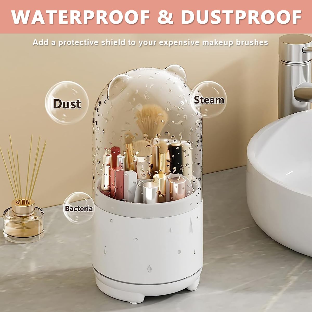 MAYCREATE Makeup Brush Holder Organizer with Clear Lid, 360° Rotatable 5-Slots Make Up Brushes Storage Container Dustproof Stand for Vanity Desktop Bathroom