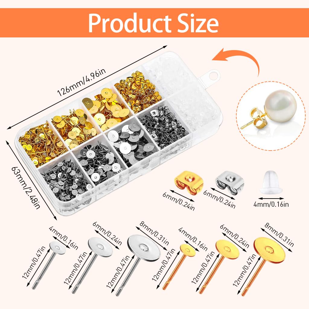 MAYCREATE Earring Jewellery Making Kit 2000 Pieces with Storage Box and 3 Sizes Stainless Steel Backs | Gold and Silver DIY Stud Earring Supplies