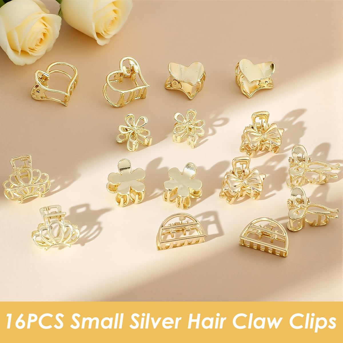 MAYCREATE Hair Claw Clips for Women with Strong Grip Teeth featuring 8 Designs 16 Pcs Gold Set