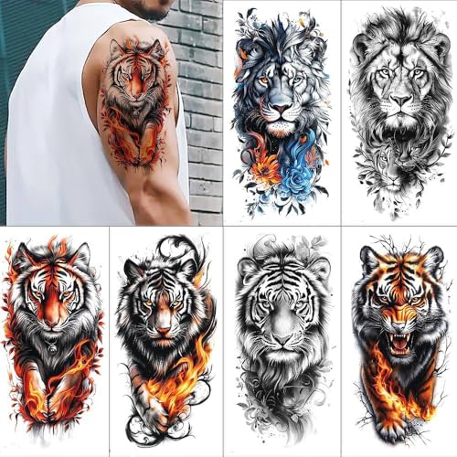 MAYCREATE® 6 Sheets Temporary Tattoo Sticker For Men Tiger Lion Tattoo Stickers Beast on Arm Waterproof Large Tattoos Sticker Set