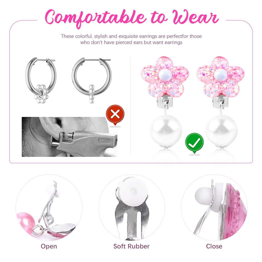 MAYCREATE 7 Pairs Kawaii Girls Earrings Non-piercing Pink Cartoon Kitty Earrings Charming Resin Clip On Earrings for Girls Kawaii Fashion Girls Clip On Earrings Jewelry Gift for Girls