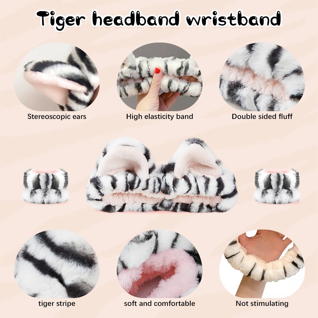 MAYCREATE Spa Headband Set for Women with Cute Cat Ears and 3pcs Flannel Wristbands | Ideal for Face Washing and Makeup Routines