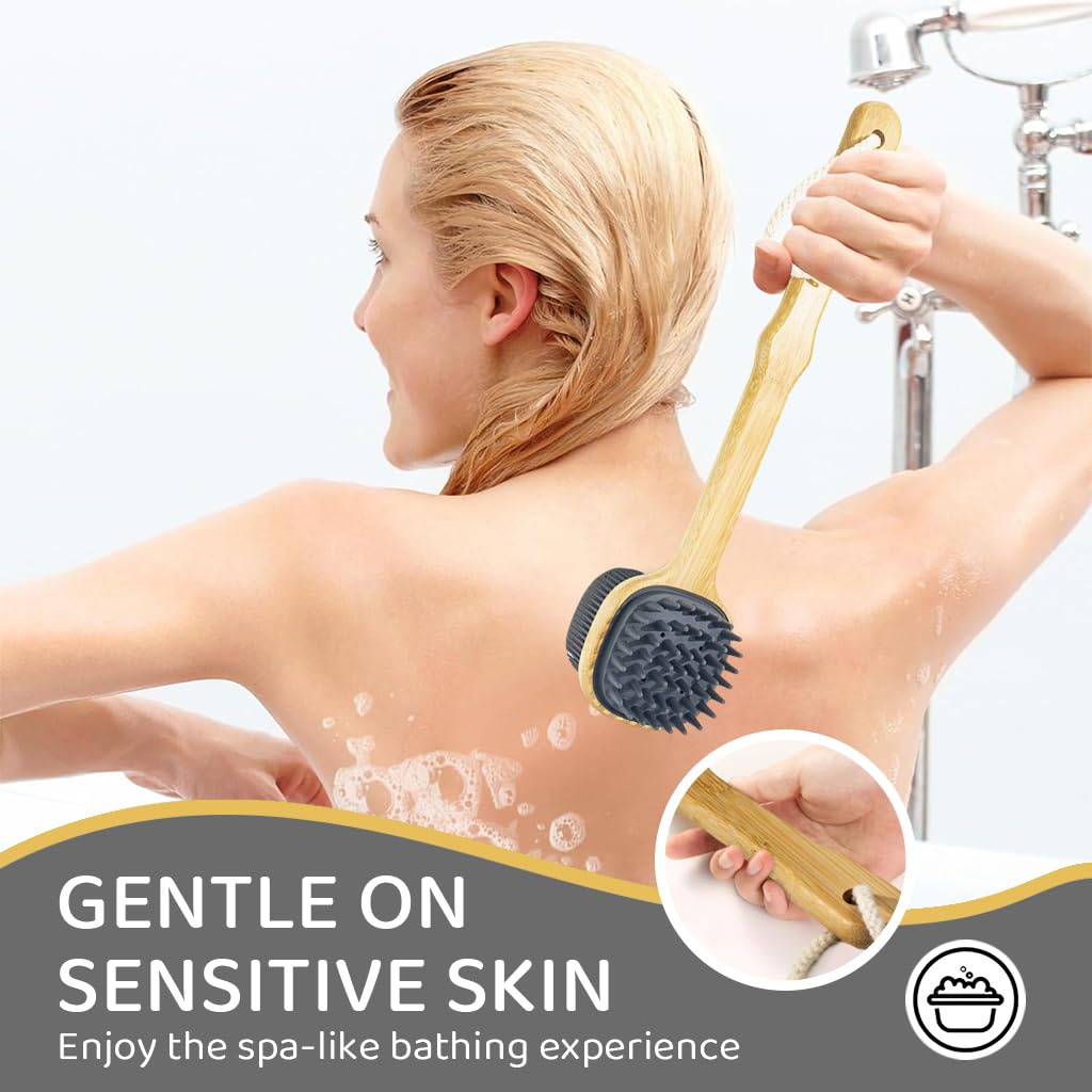 MAYCREATE Silicone Back Scrubber for Shower with Dual Sided Brush and Wooden Handle | Black