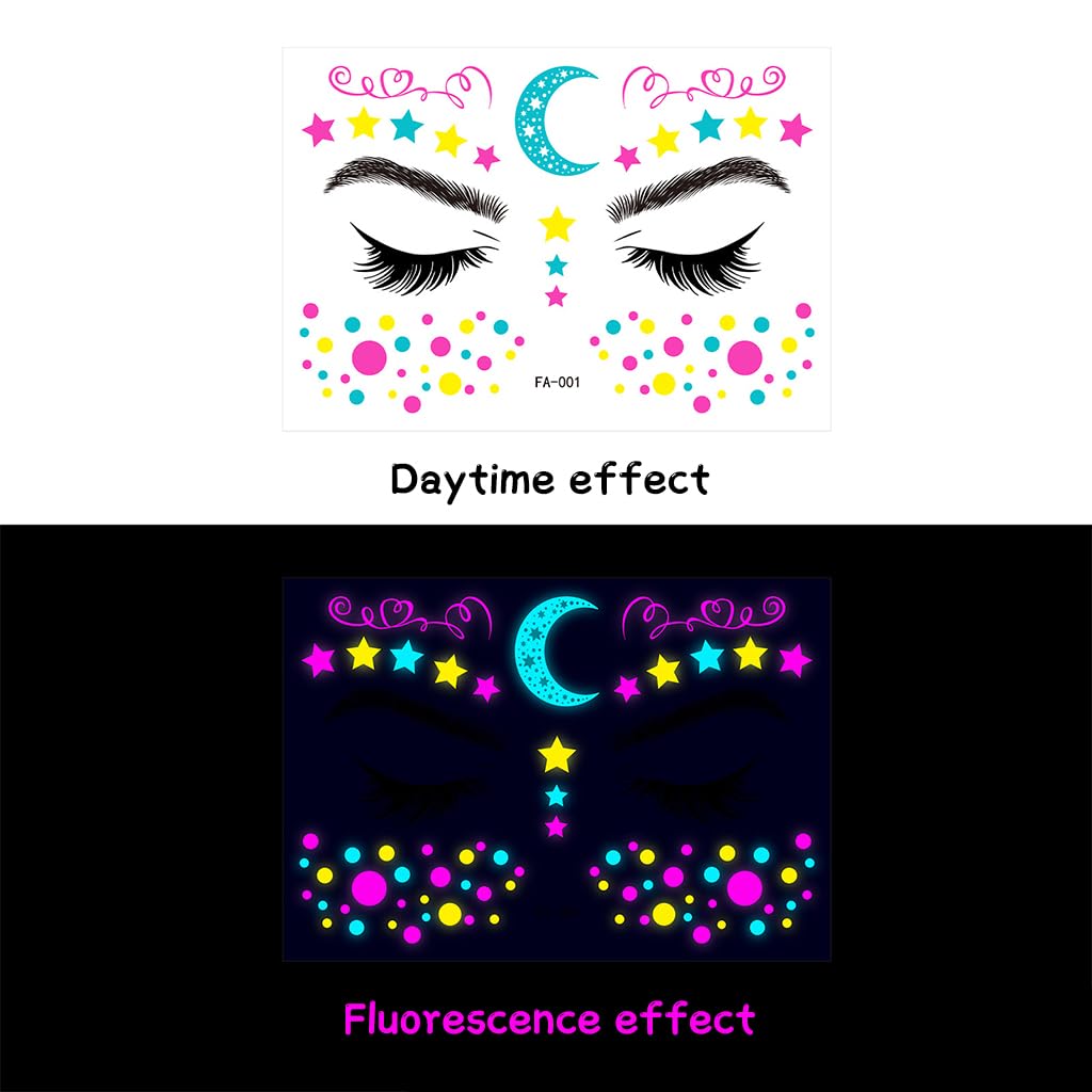 MAYCREATE 8-Sheet UV Neon Face Tattoo Sticker Temporary Tattoos, Glow in the Dark Face Tattoos, Butterfly Mermaid Fluorescence Fake Tattoo Stickers for Halloween Rave Festival Party Supplies
