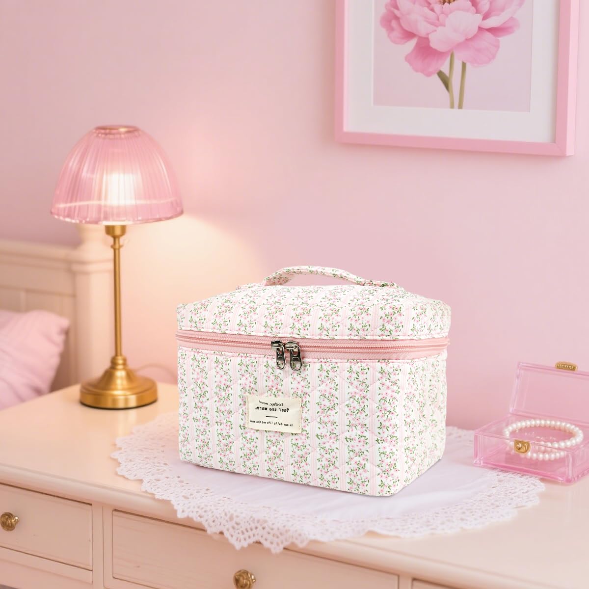 MAYCREATE Makeup Bag for Travel and Office with 25x16x15cm Storage | Soft Cotton Floral Print