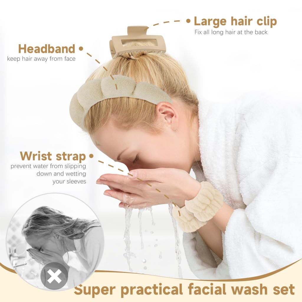 MAYCREATE Face Wash Hair Bands for Women with Coral Velvet Wristbands and Bow Headband | 5pcs Skincare Set