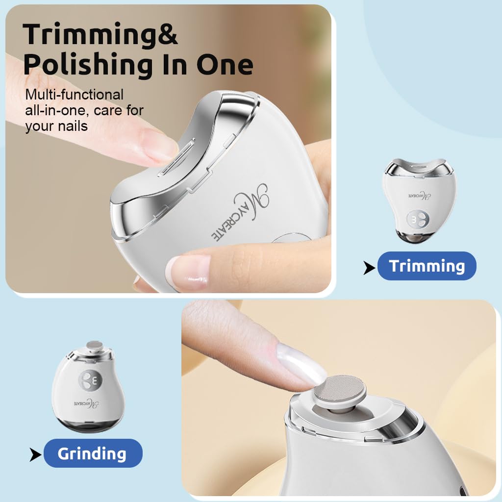 MAYCREATE USB Baby Nail Trimmer with LED Light 2 in 1 Cordless Nail Clipper with Nail Filer Dual Head Rechargeable Nail Clipper and Nail Filer with 3 Speeds Safe Electric Nail Clipper for Kids Adults