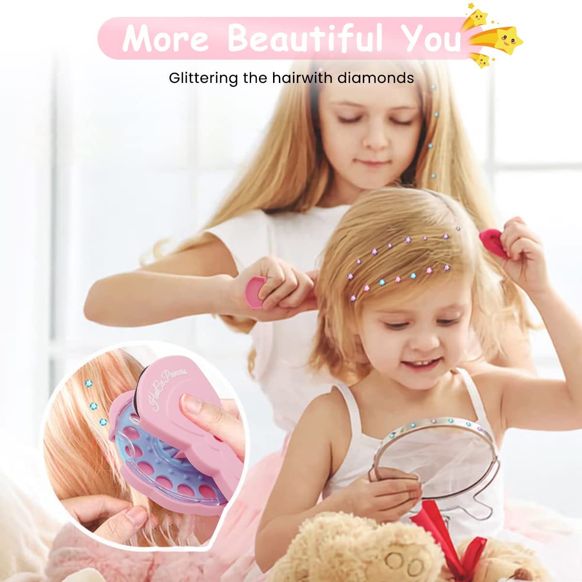 MAYCREATE Hair Gem Stamper Sparkle Rhinestones Quick Hair Gems Stapler machine with 180pcs Glitter Gems Kit for Girls Kids Age 6+, Bling Hair in Seconds Party Hair-Safe Styling Tool