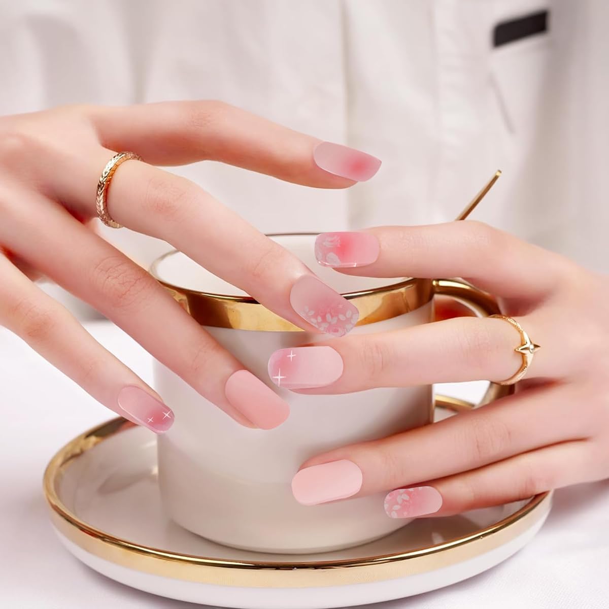 MAYCREATE 16PCS Gel Nail Strips, French Gel Nail Stickers, UV Free, Long Lasting Nail Wraps for Women, French Tip Nail Polsih Stickers, Includes Nail File & Wooden Stick, Style B