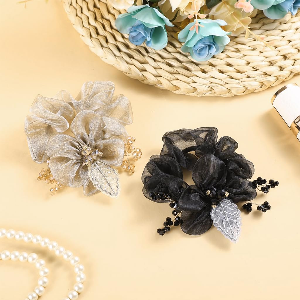 MAYCREATE Scrunchie Hair Bands for Women with Beaded Organza Flowers | 2PCS Black and Golden Rose Set
