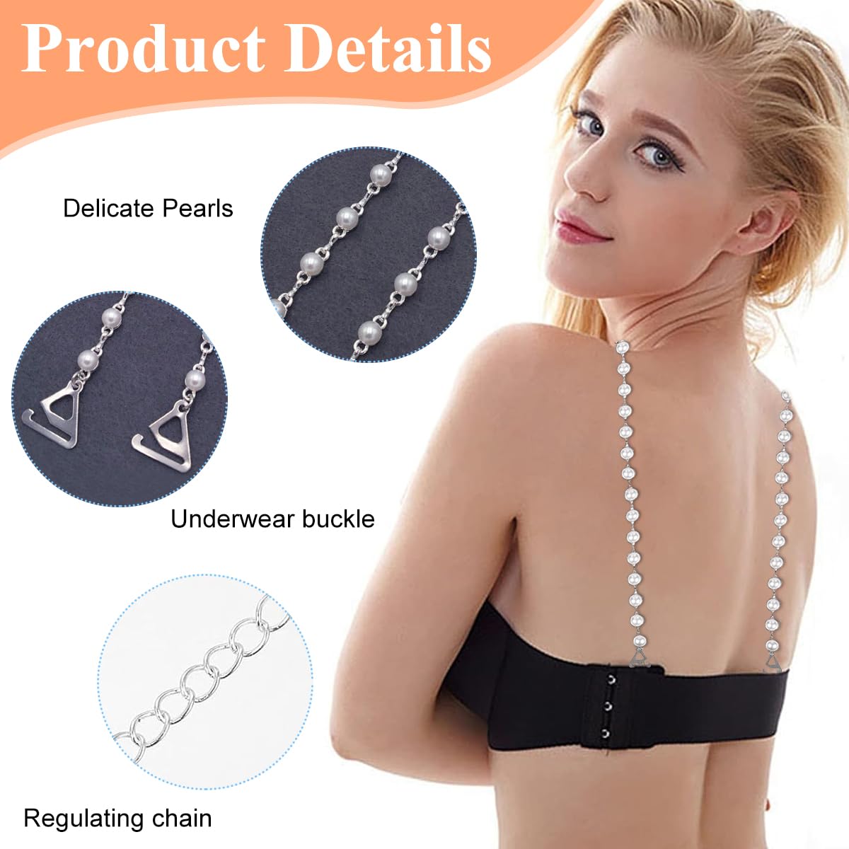 MAYCREATE Pearl Bra Straps for Women, Metal Underwear Bra Strap for Strapless Dress, Fashion Adjustable Replacement Shoulder Strap for Evening Dress, Bra Tops Dress - 1 Pair