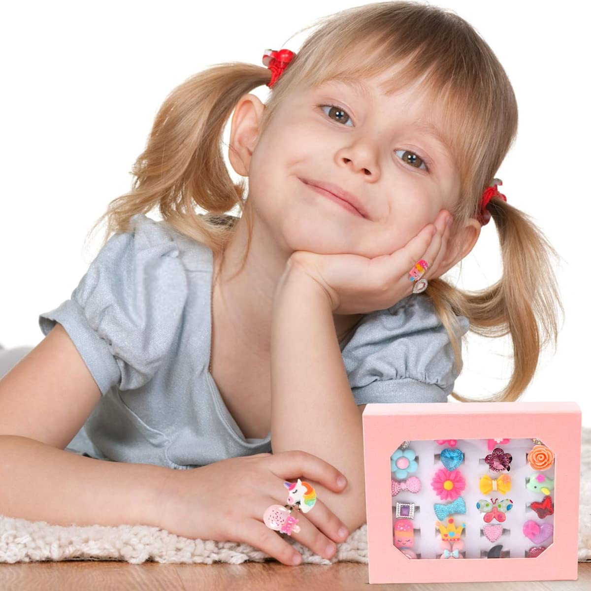 MAYCREATE® 24pcs Adjustable Rings Assorted Cartoon Resin Jewelry Ring for Girls Girl Dress Up Jewelry Box Ring Set Gift Box