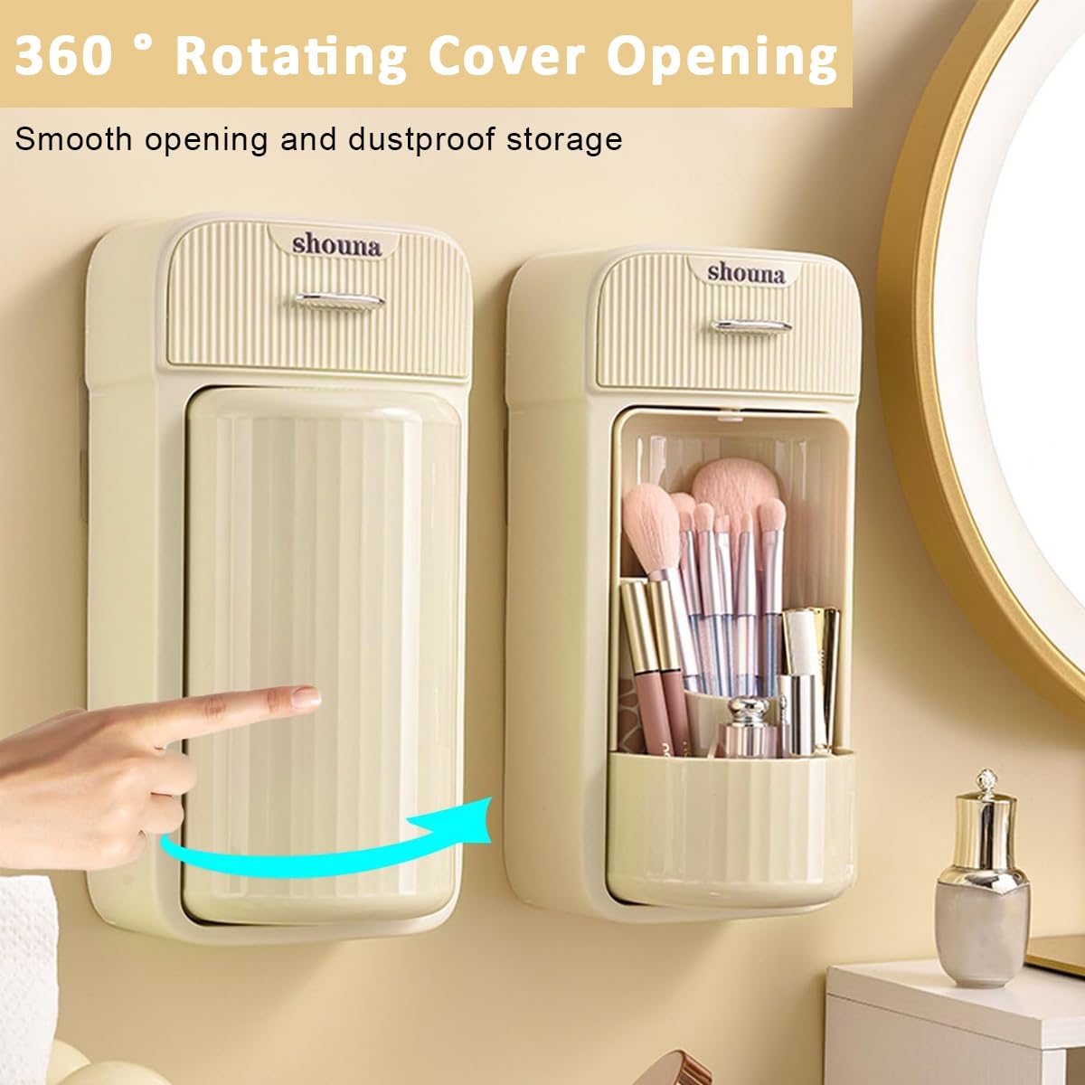 MAYCREATE Makeup Brush Holder with Drawer, Wall Mounted Makeup Brush Organizer, 360° Rotating Large Capacity Cosmetics Organizer Box for Countertop Vanity and Bathroom - Waterproof & Dustproof