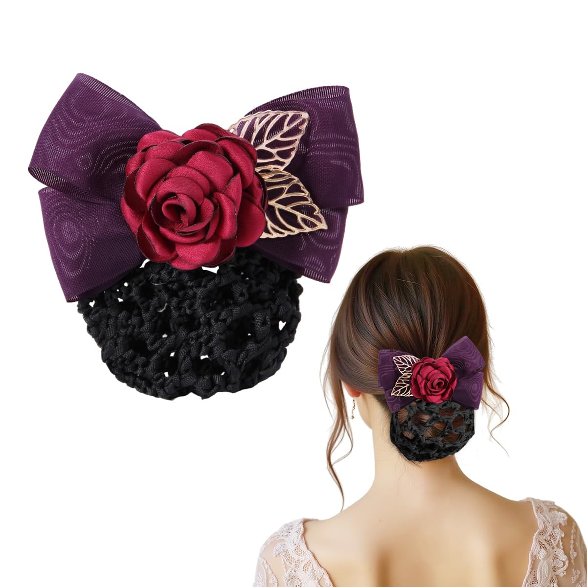 MAYCREATE Hair Bun Net for Women with Rose Bowknot Clip featuring Floral Barrette | Elegant Snood Headpiece Accessory