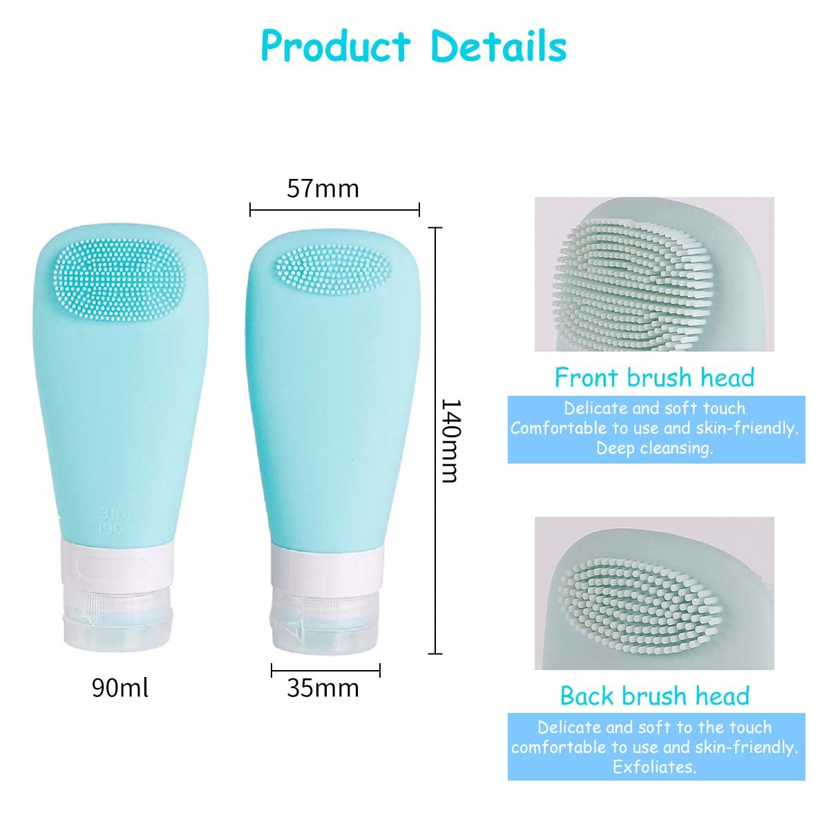 MAYCREATE Travel 3Pcs Bottles for Toiletries, Squeezable Soft Silicone Toiletries Bottles Containers Leak Proof Refillable Dispenser with Face Brush Design (90ML White Blue Pink)