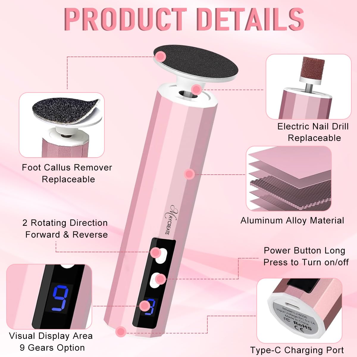 MAYCREATE Electric Foot Callus Remover for Pedicure with 9 Speed Control & 30PCS Sandpaper | Rechargeable Cordless Dual Head Nail File
