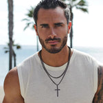 MAYCREATE Black 2 Pcs Double Layered Electroplated Titanium Classic Cross Pendant Steel Chain Necklace Set with Flannel Bag for Men & Women