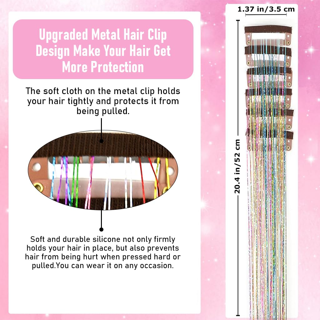 MAYCREATE Hair Tinsel Extensions for Party and Festival | 12PCS 20 Inch Glitter Clips