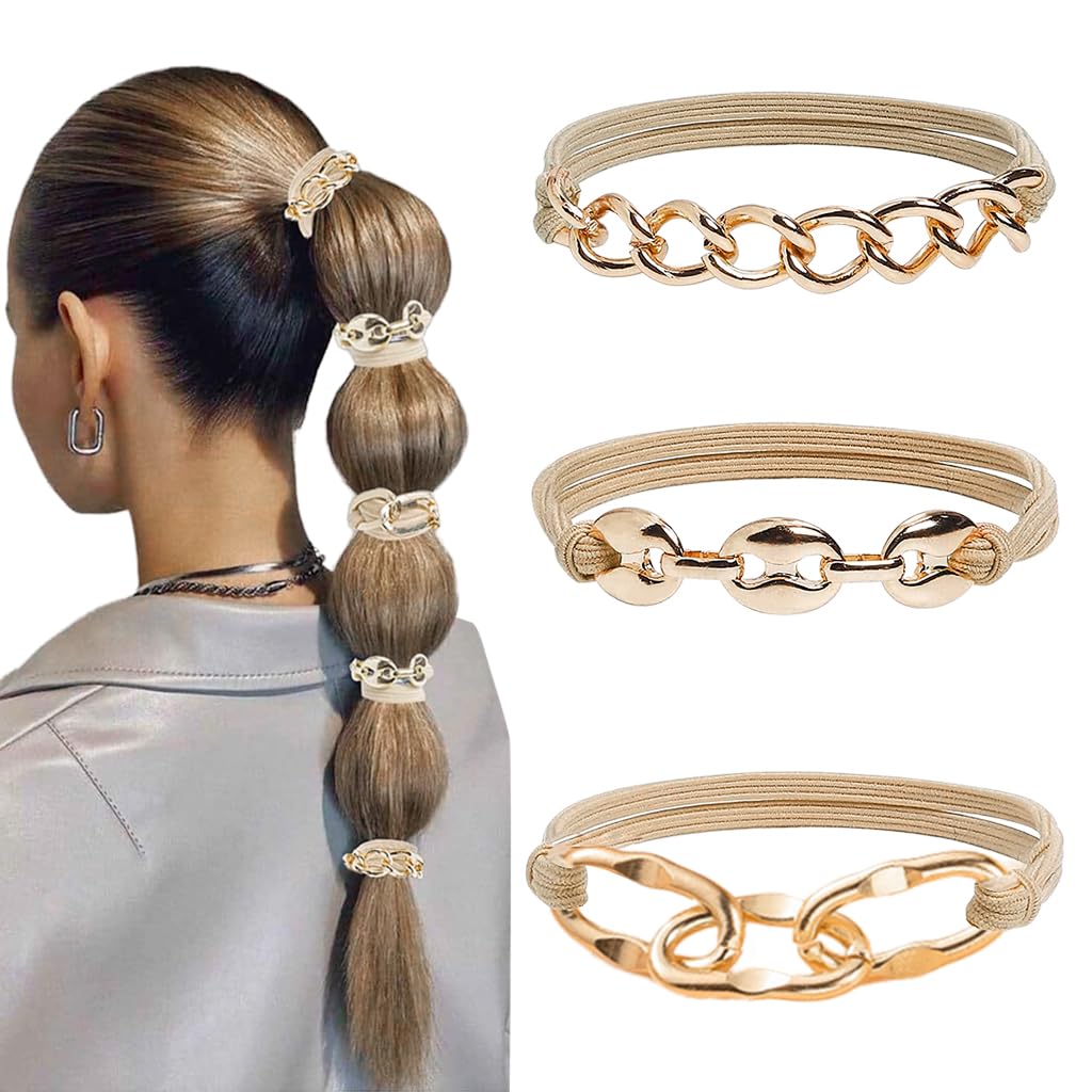MAYCREATE Hair Ties for Women featuring Golden Metal Loop Chain | Set of 3 Elastic Bracelets