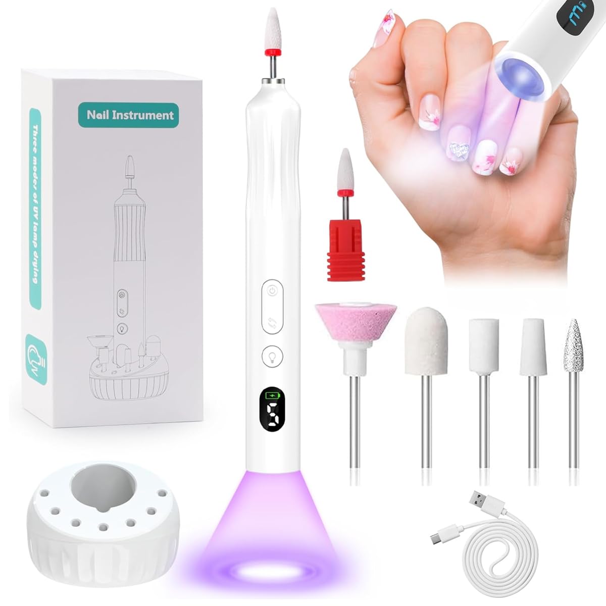 MAYCREATE Nail Drill Machine with 5 Speeds and 6 Drill Bits for Gel Removal | USB Rechargeable Design