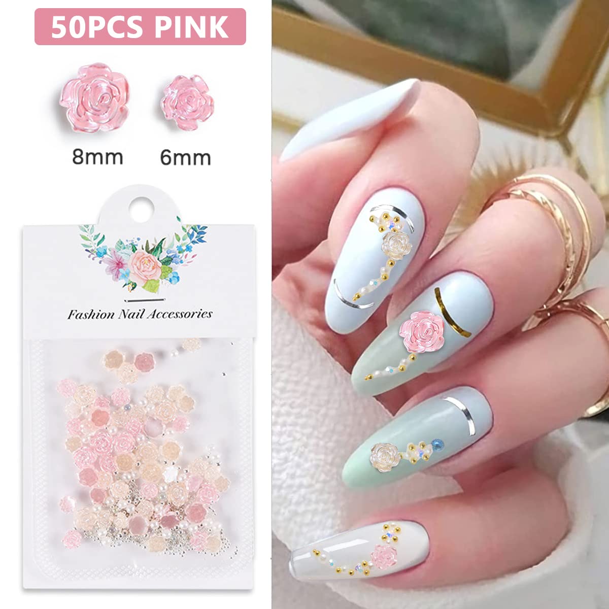 MAYCREATE 200pcs 3D Flower Nail Charms Flat Design, Acrylic Flower Decals for Nail Art, Mix Pearls Nail Art Accessories for DIY Manicure, Set of 4