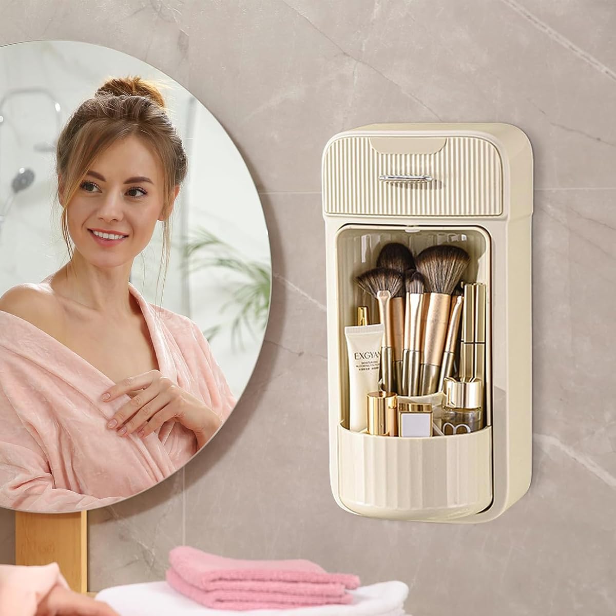 MAYCREATE Makeup Brush Holder with Drawer, Wall Mounted Makeup Brush Organizer, 360° Rotating Large Capacity Cosmetics Organizer Box for Countertop Vanity and Bathroom - Waterproof & Dustproof