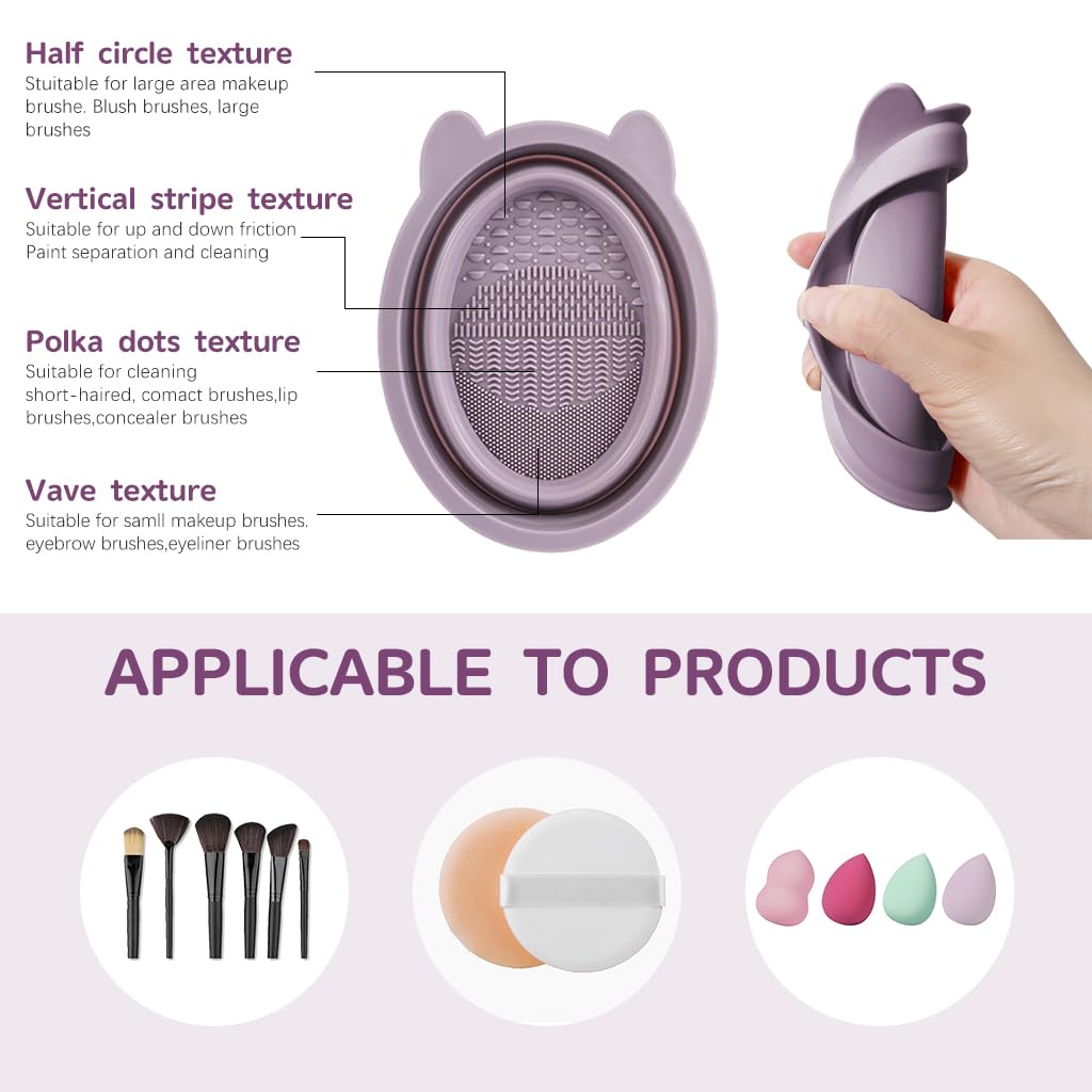 MAYCREATE Makeup Brush Cleaner Mat for Brushes and Sponges with Textured Patterns | Foldable Silicone Cleaning Bowl and Hanging Drying Net