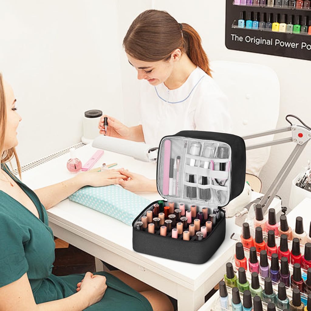 MAYCREATE Nail Polish Organizer Box, Travel Nail Polish Organizer Makeup Bag with Handle, Double-layer Nail Art Tools Bag for 30 Bottle of Nail Polish, Portable Large Capacity Carrying Case