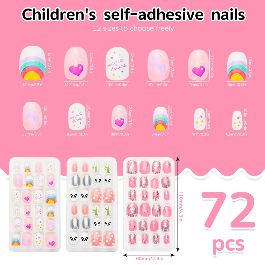 MAYCREATE Children Press On Nails Kit 72pcs with ABS Full Cover Tips for Girls | Fun DIY Gift